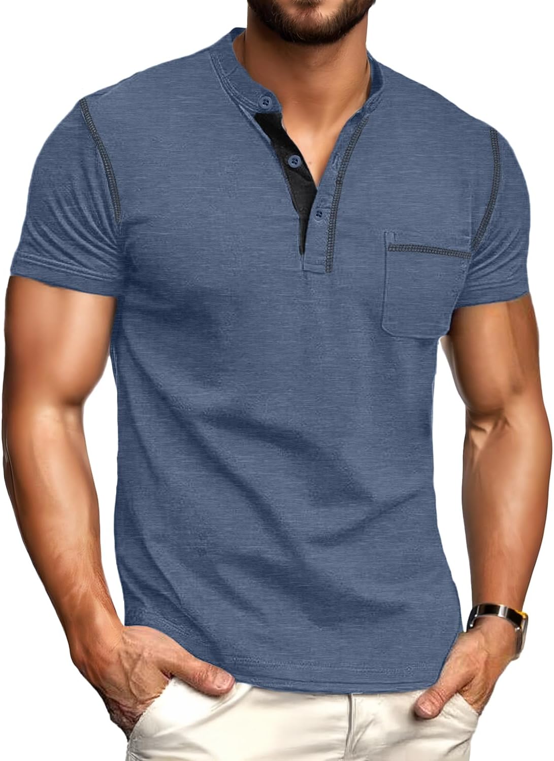 Men's Short Sleeve Cotton-Blend Henley Shirt with Chest Pocket - Detail 1