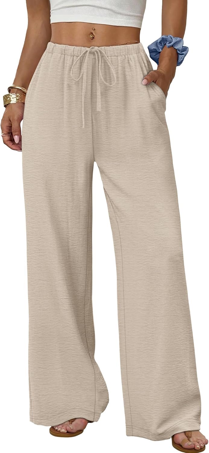 Wide Leg Pants for Women Flowy Palazzo Drawstring Elastic Waist Trousers with Pockets Summer Beach Vacation Clothes