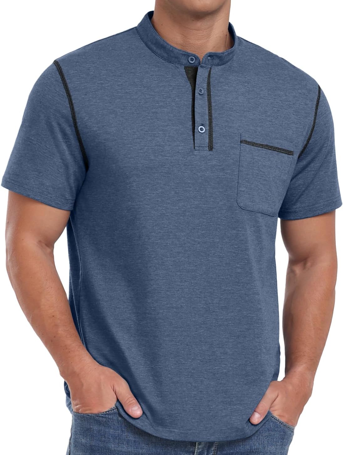 Men's Short Sleeve Cotton-Blend Henley Shirt with Chest Pocket - Detail 5