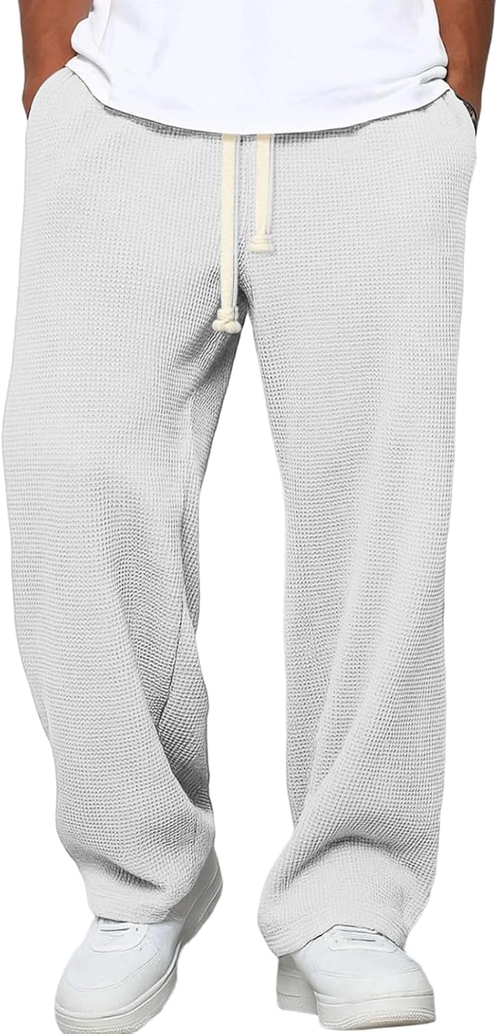 Waffle Pants Men Drawstring Wide Leg Baggy Waffle Sweatpants Lightweight Breathable Hiking Mens Lounge Pants