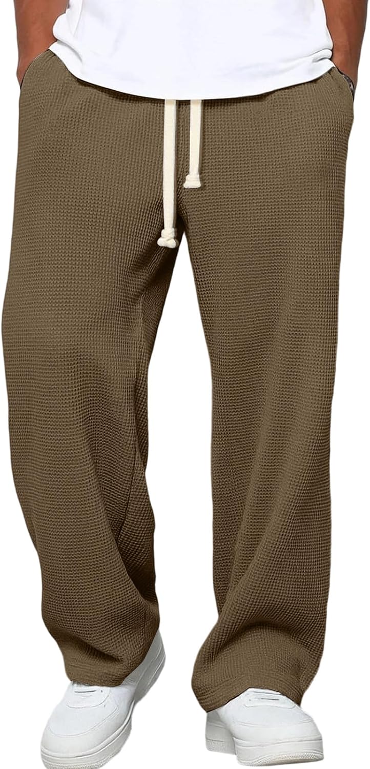 Waffle Pants Men Drawstring Wide Leg Baggy Waffle Sweatpants Lightweight Breathable Hiking Mens Lounge Pants