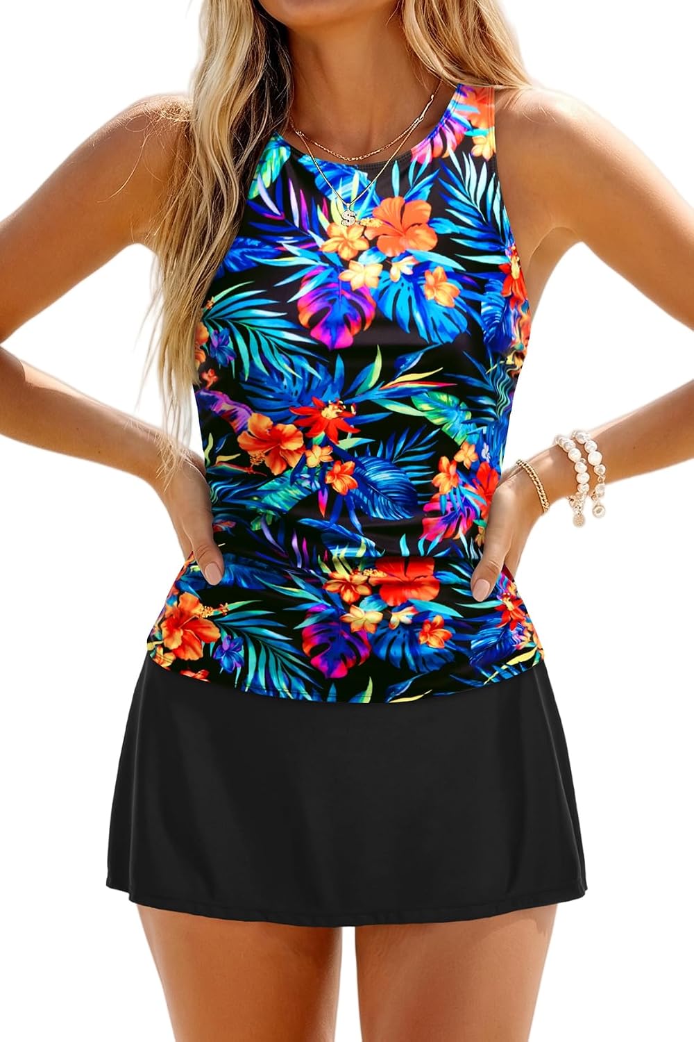 Womens Tankini Swimsuits with Skirt - Two Piece Tummy Control Bathing Suits High Neck Swimwear