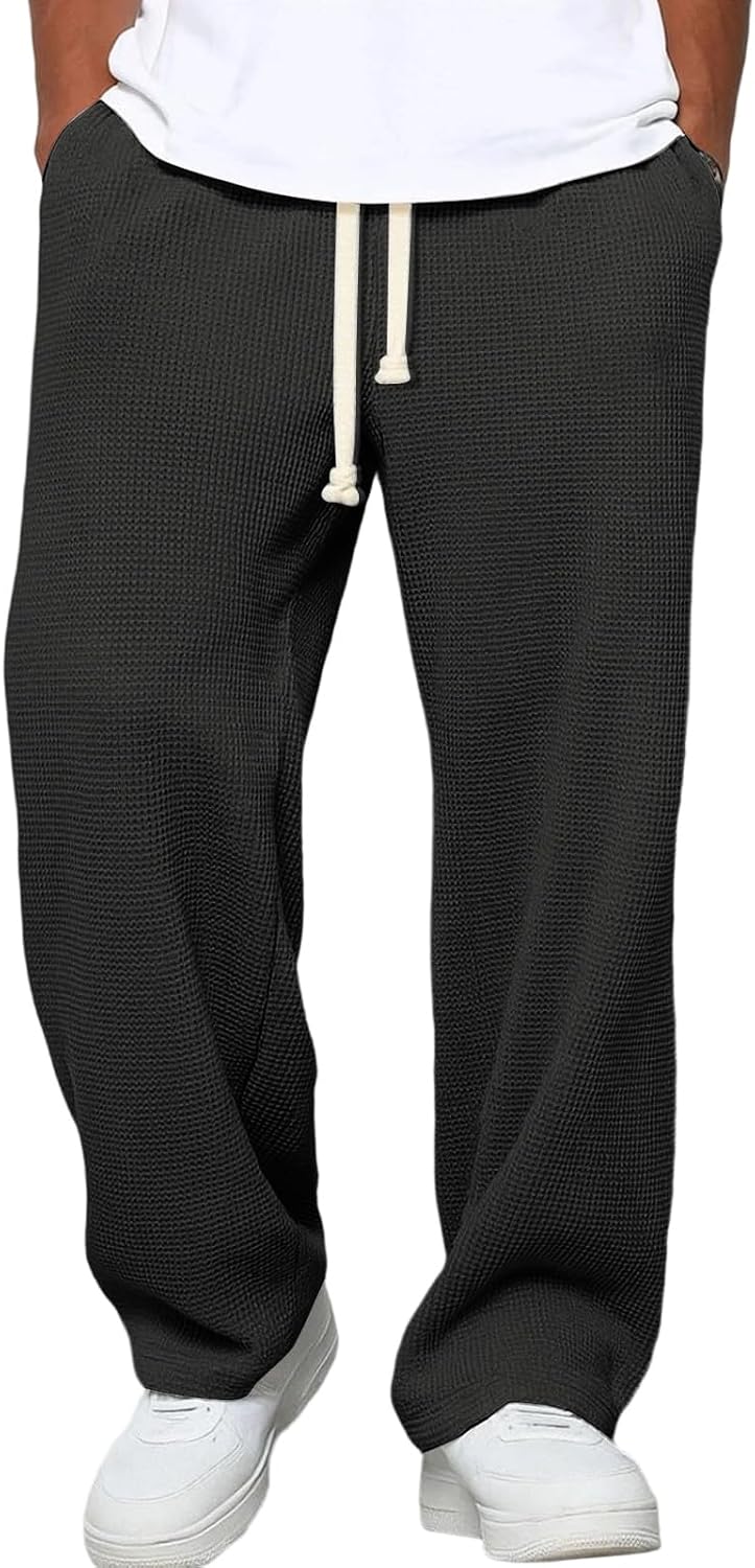 Waffle Pants Men Drawstring Wide Leg Baggy Waffle Sweatpants Lightweight Breathable Hiking Mens Lounge Pants