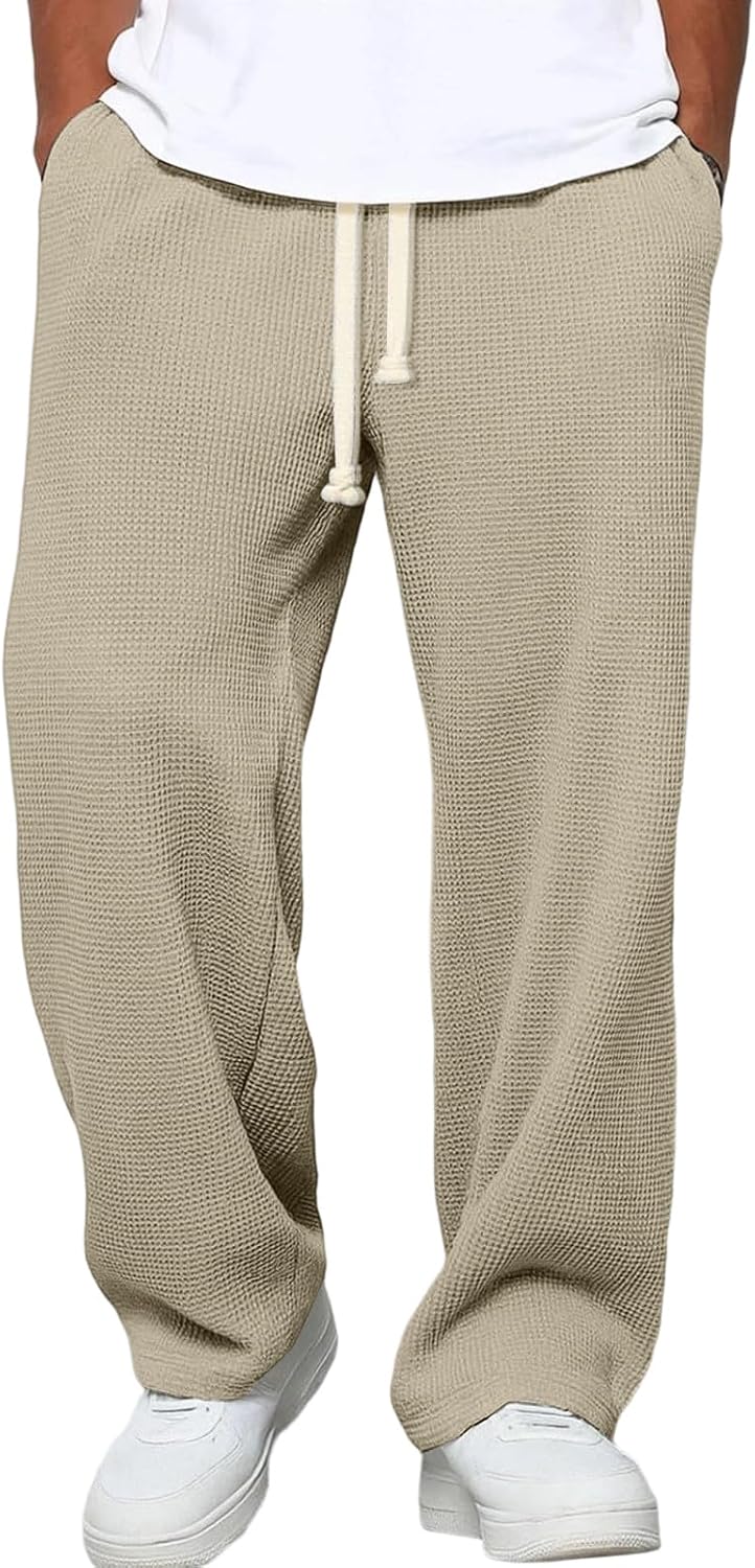 Waffle Pants Men Drawstring Wide Leg Baggy Waffle Sweatpants Lightweight Breathable Hiking Mens Lounge Pants