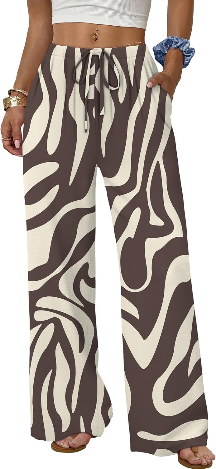 Wide Leg Pants for Women Flowy Palazzo Drawstring Elastic Waist Trousers with Pockets Summer Beach Vacation Clothes