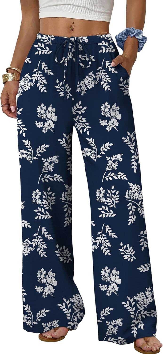 Wide Leg Pants for Women Flowy Palazzo Drawstring Elastic Waist Trousers with Pockets Summer Beach Vacation Clothes