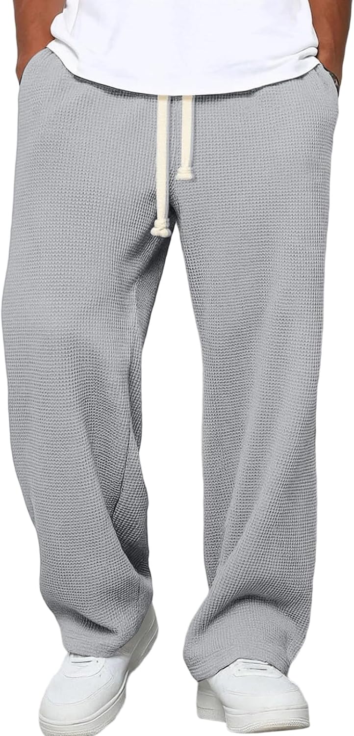 Waffle Pants Men Drawstring Wide Leg Baggy Waffle Sweatpants Lightweight Breathable Hiking Mens Lounge Pants