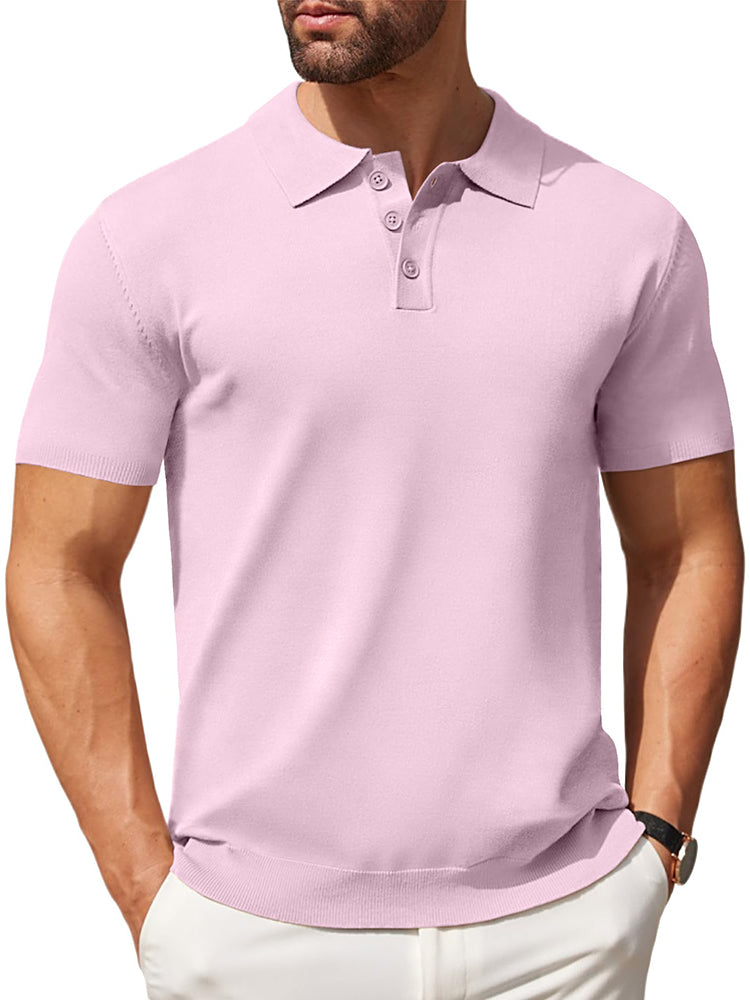 Men's pink V-neck stretch knit polo shirt, size L