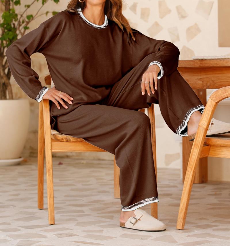 DUTUT Women's 2-Piece Sets Spring Outfits Chic Comfortable Elastic Loungewear Crew Neck Pajama Matching Sweatsuit Set Casual Sweater High Waist Loose Fit Soft Stretchy Fabric Viscose Homewear Pjs