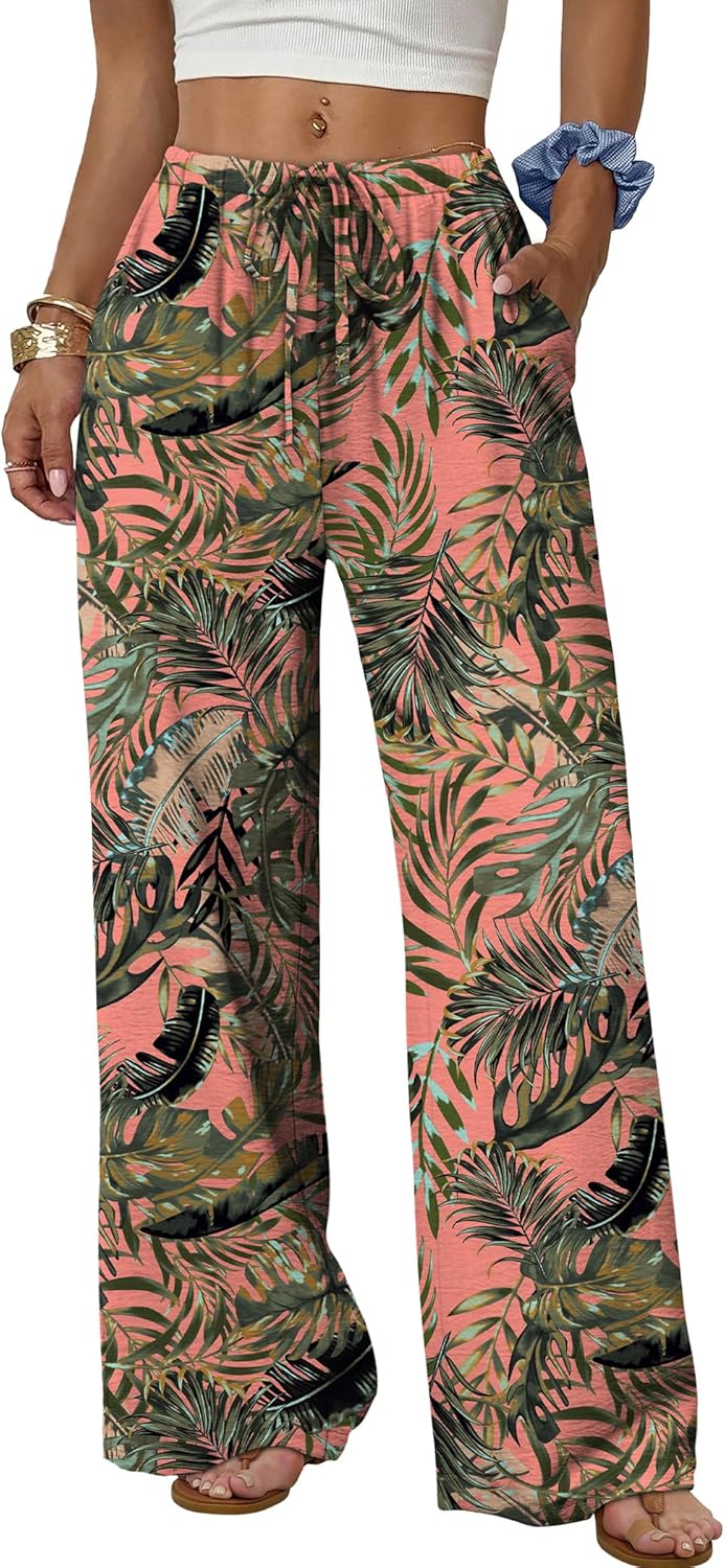 Wide Leg Pants for Women Flowy Palazzo Drawstring Elastic Waist Trousers with Pockets Summer Beach Vacation Clothes