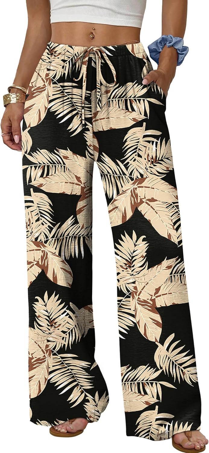 Wide Leg Pants for Women Flowy Palazzo Drawstring Elastic Waist Trousers with Pockets Summer Beach Vacation Clothes