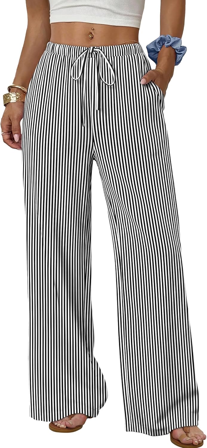 Wide Leg Pants for Women Flowy Palazzo Drawstring Elastic Waist Trousers with Pockets Summer Beach Vacation Clothes