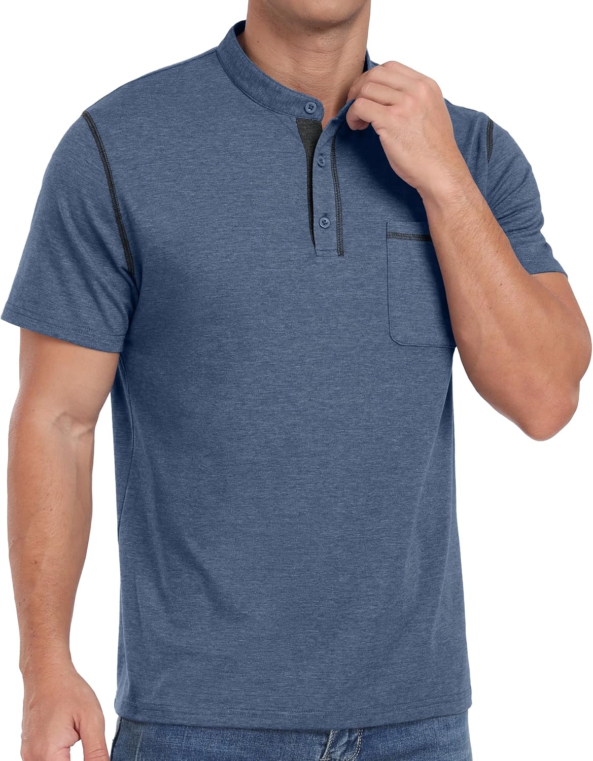 Men's Short Sleeve Cotton-Blend Henley Shirt with Chest Pocket - Detail 3