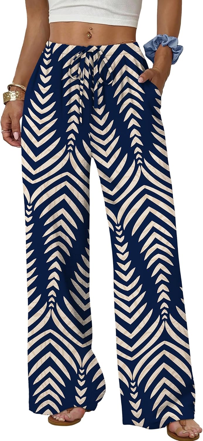 Wide Leg Pants for Women Flowy Palazzo Drawstring Elastic Waist Trousers with Pockets Summer Beach Vacation Clothes