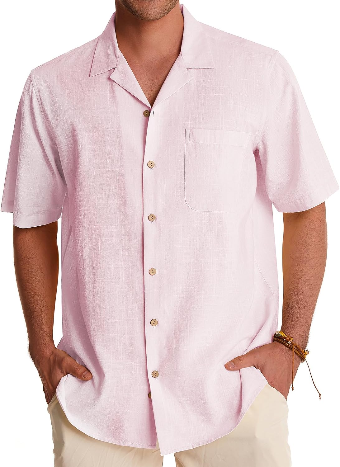 Men's button-down camp collar shirt fabric and fit display