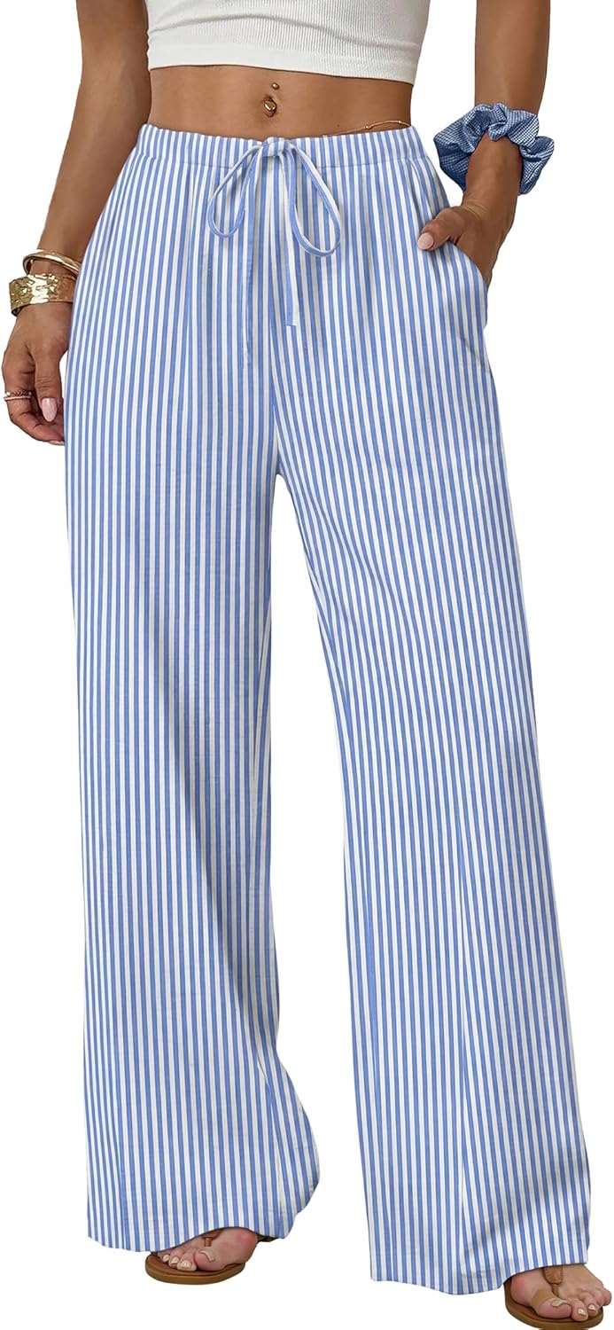 Wide Leg Pants for Women Flowy Palazzo Drawstring Elastic Waist Trousers with Pockets Summer Beach Vacation Clothes