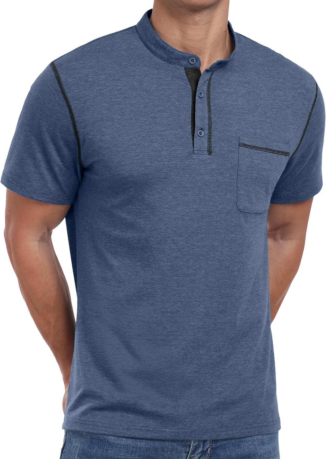 Men's Short Sleeve Cotton-Blend Henley Shirt with Chest Pocket - Detail 2