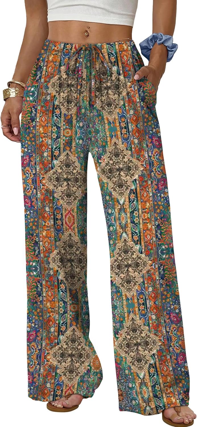 Wide Leg Pants for Women Flowy Palazzo Drawstring Elastic Waist Trousers with Pockets Summer Beach Vacation Clothes