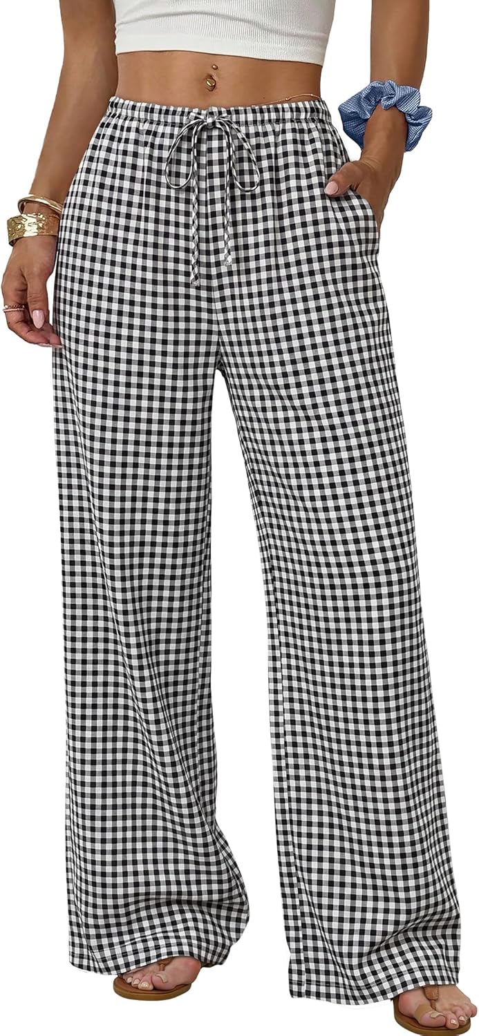 Wide Leg Pants for Women Flowy Palazzo Drawstring Elastic Waist Trousers with Pockets Summer Beach Vacation Clothes