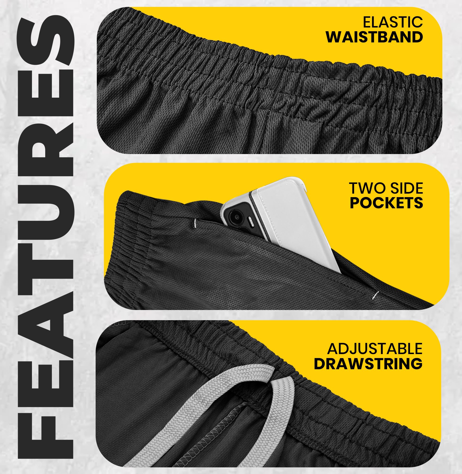 Men's lightweight workout shorts feature display