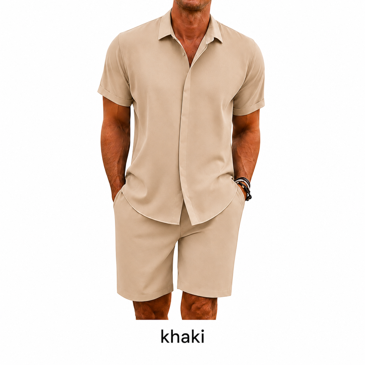 🔥Men's summer two-piece beach set (short-sleeved shirt and shorts), crafted from high-quality fabric with a linen-like texture—perfect for vacations and casual wear.🎉