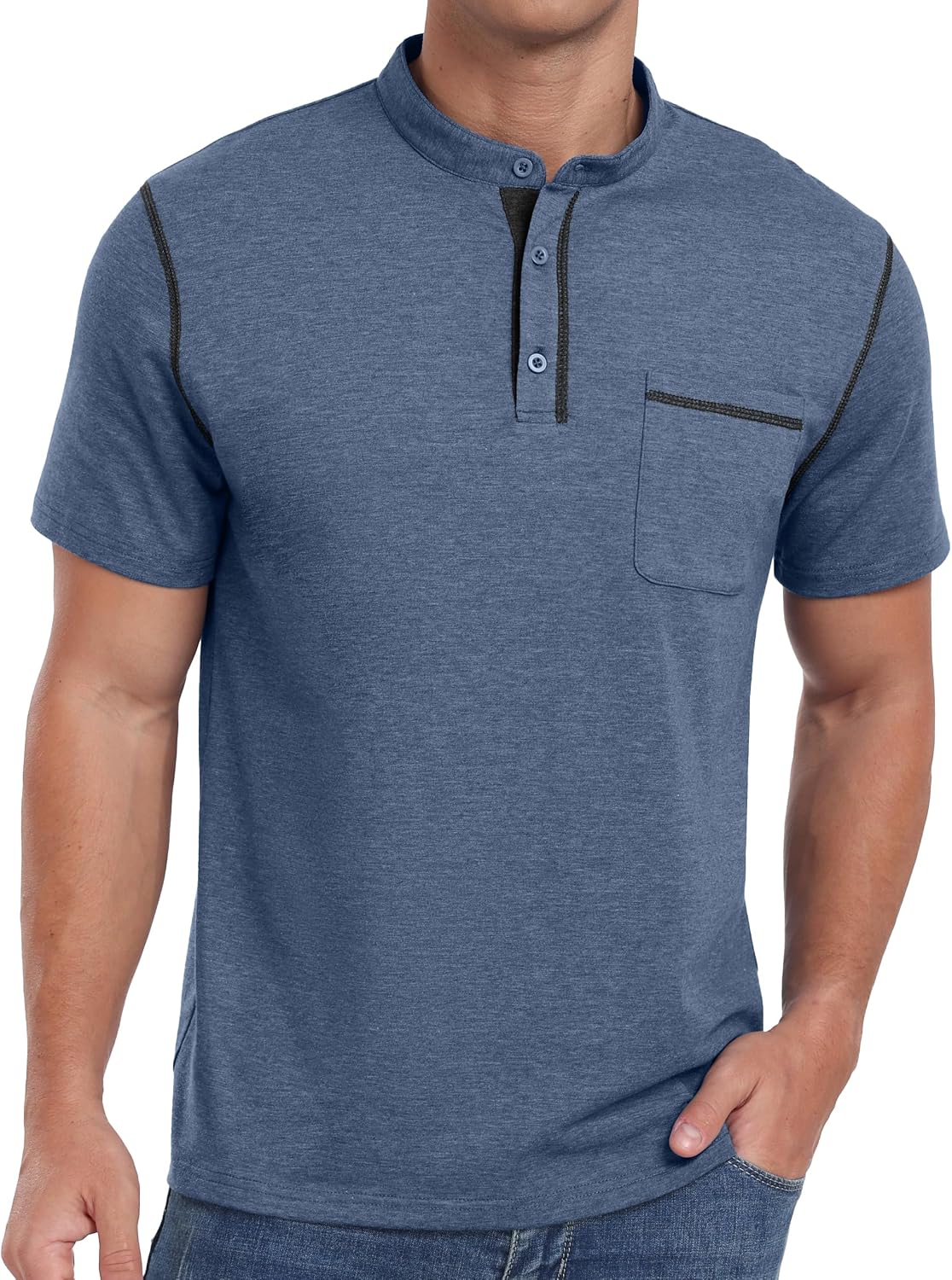 Men's Short Sleeve Cotton-Blend Henley Shirt with Chest Pocket - Detail 4