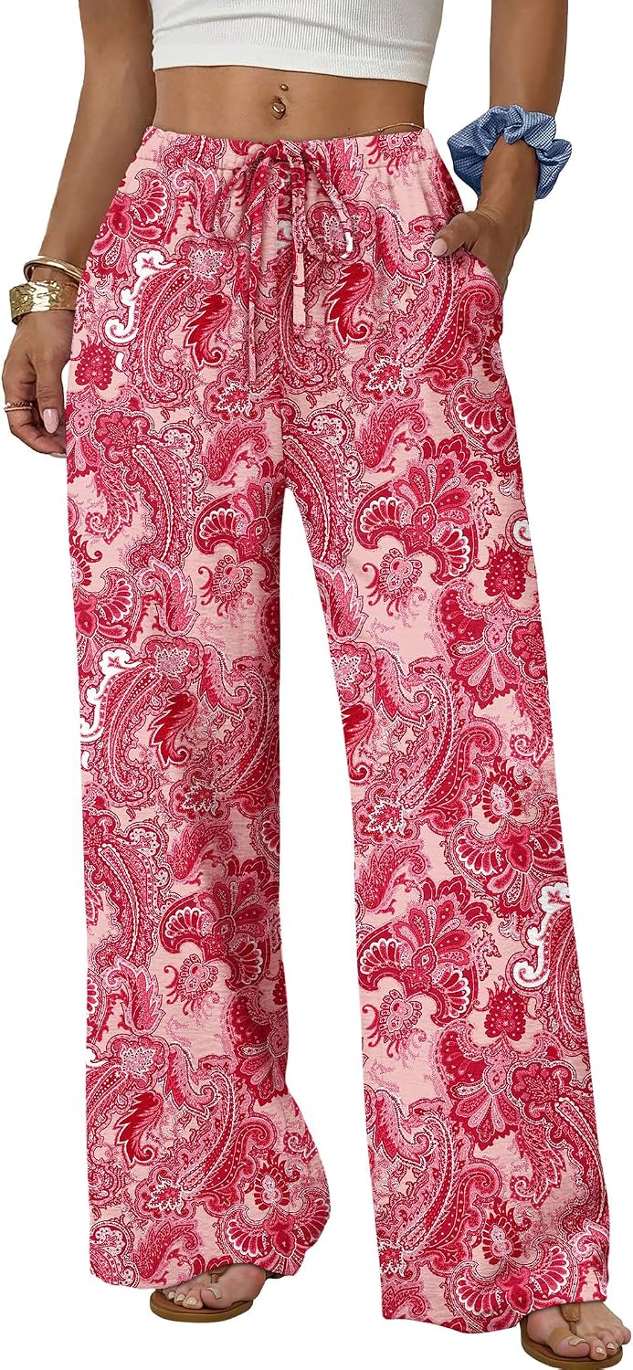 Wide Leg Pants for Women Flowy Palazzo Drawstring Elastic Waist Trousers with Pockets Summer Beach Vacation Clothes