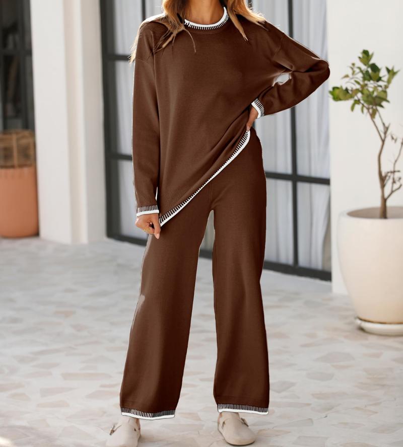 DUTUT Women's 2-Piece Sets Spring Outfits Chic Comfortable Elastic Loungewear Crew Neck Pajama Matching Sweatsuit Set Casual Sweater High Waist Loose Fit Soft Stretchy Fabric Viscose Homewear Pjs