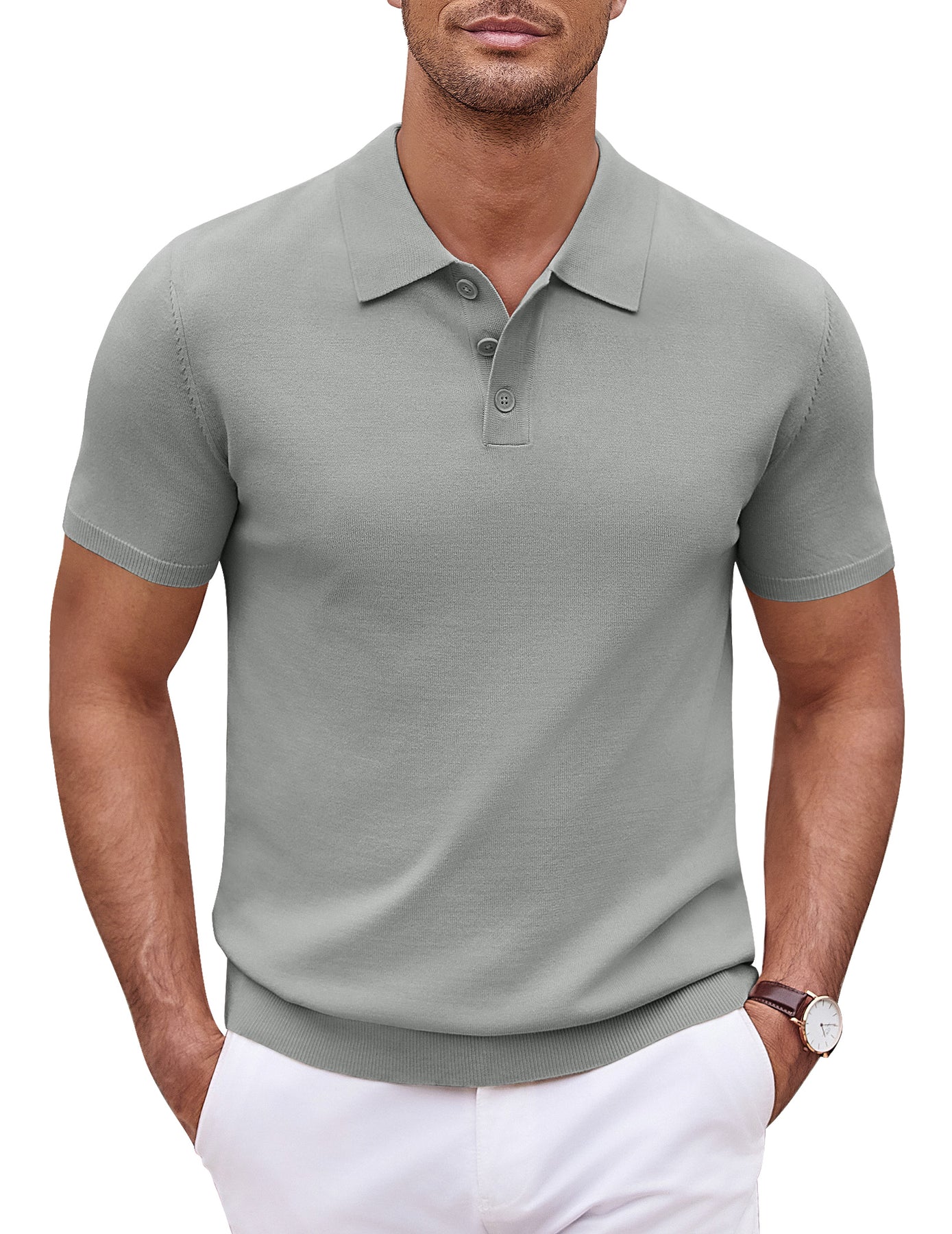 Men's grey V-neck stretch knit polo shirt, size L