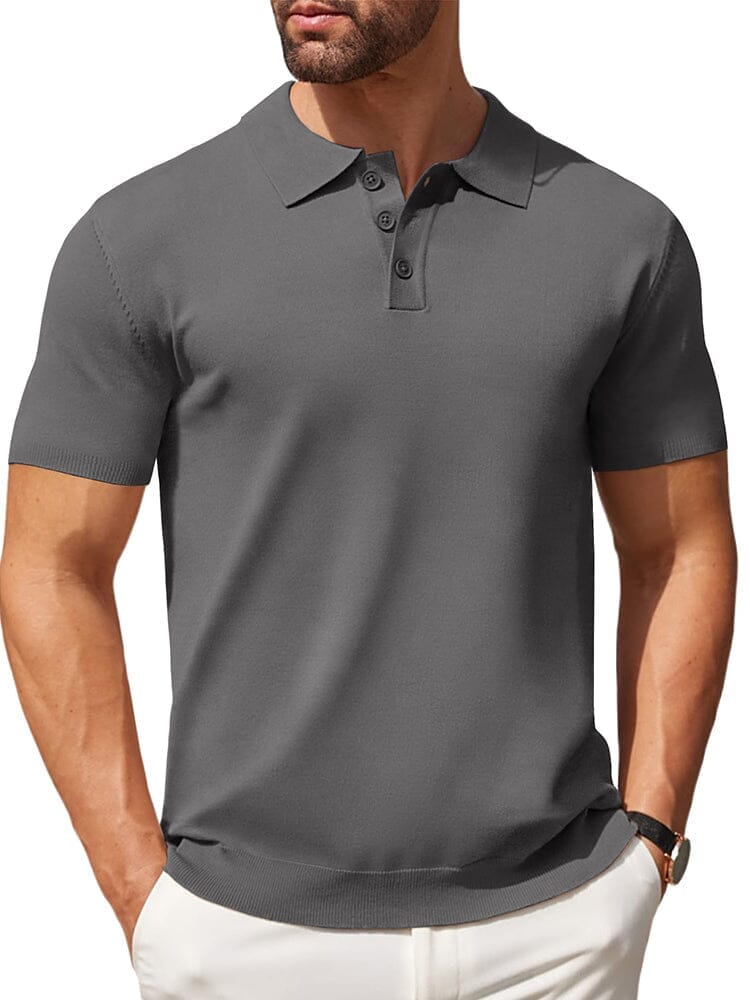 Men's dark grey V-neck stretch knit polo shirt, size XL