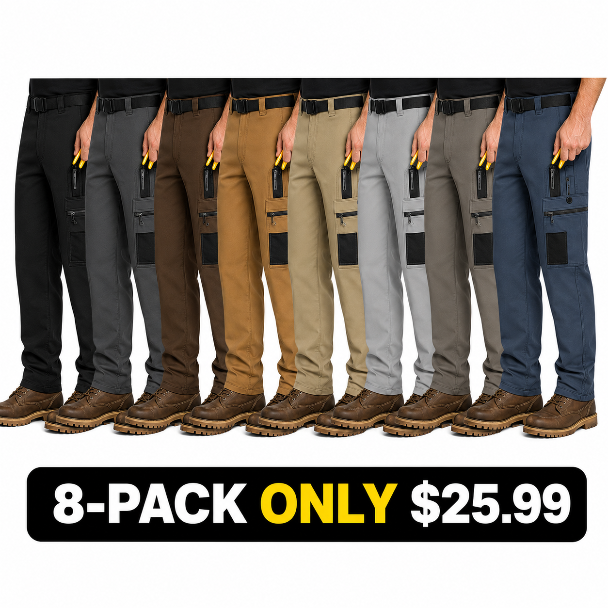 Pack & Save Men's Lightweight Tactical Cargo Pants, Black Belt Utility Work Pants with Multi-Pocket Storage