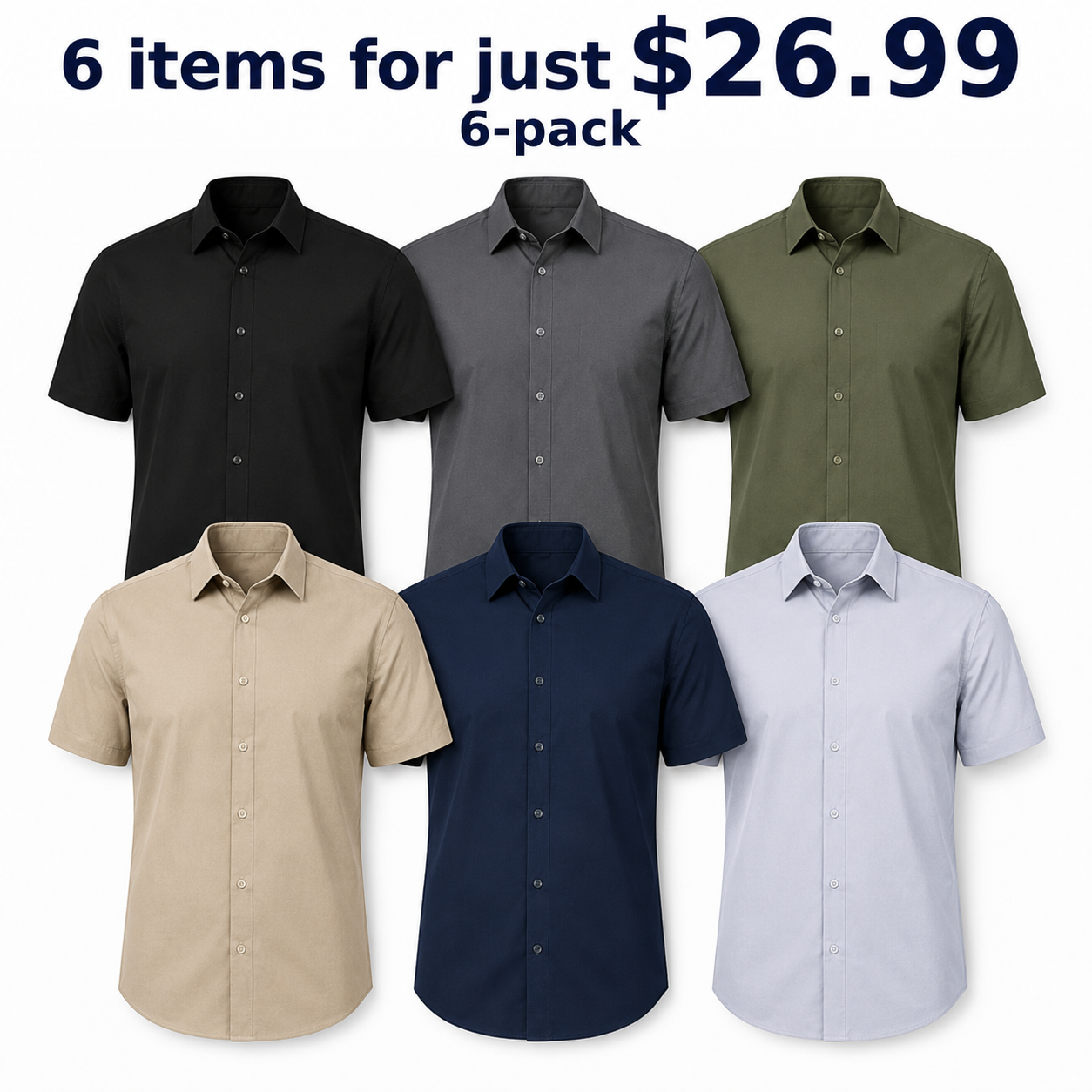 Pack & Save Men's Solid Short Sleeve Button-Up Shirt, Lightweight Collared Casual Business Shirt