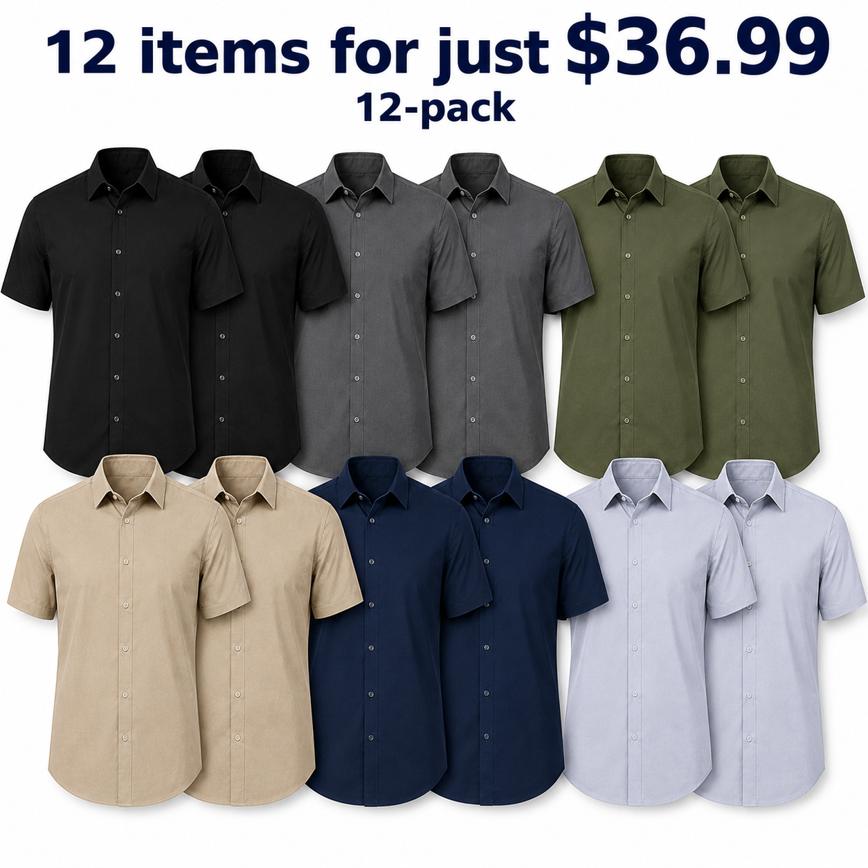 Pack & Save Men's Solid Short Sleeve Button-Up Shirt, Lightweight Collared Casual Business Shirt