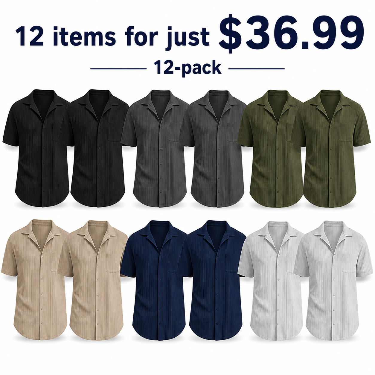 Pack & Save Men's Ribbed Short Sleeve Shirt, Pleated Camp Collar Casual Button-Up Summer Shirt