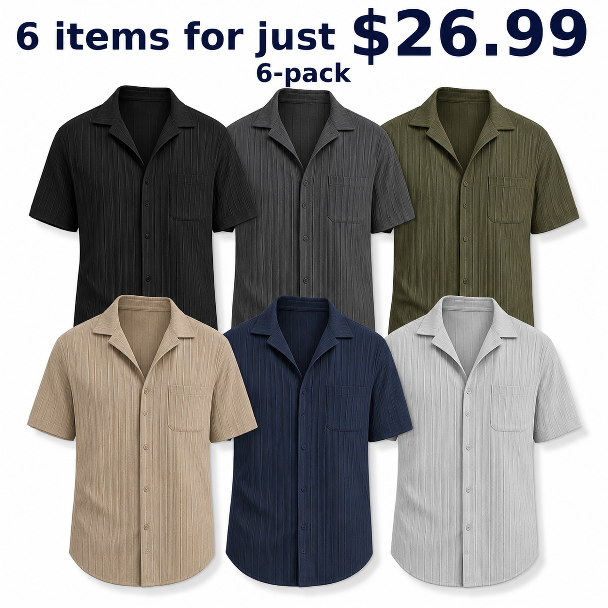 Pack & Save Men's Ribbed Short Sleeve Shirt, Pleated Camp Collar Casual Button-Up Summer Shirt