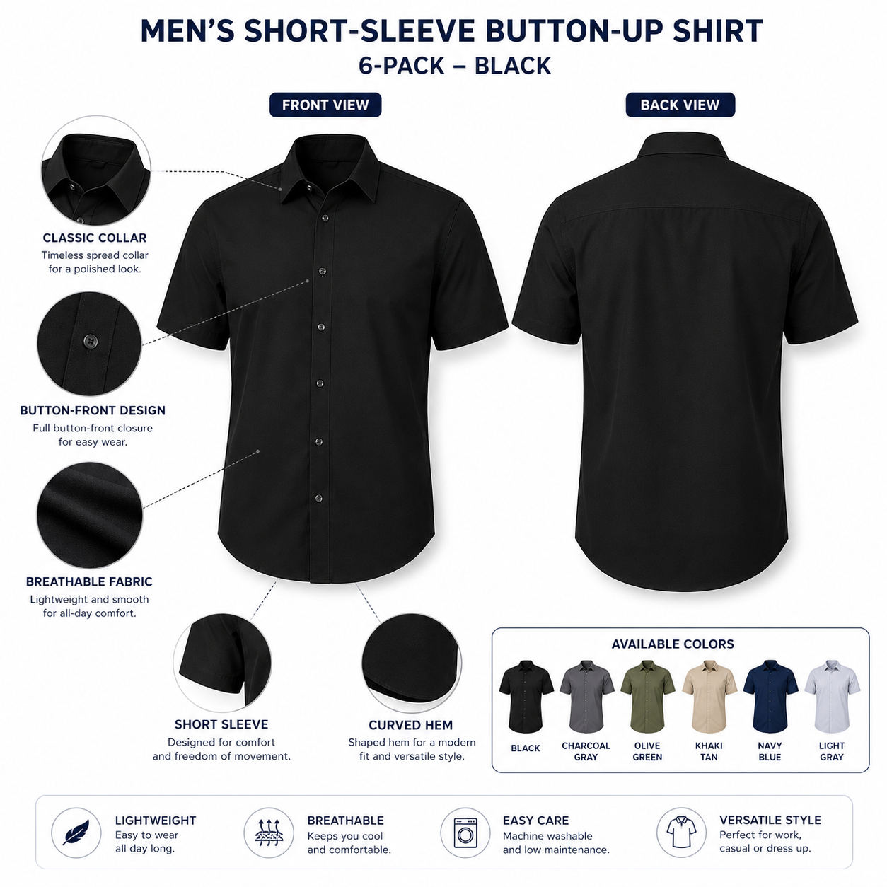 Pack & Save Men's Solid Short Sleeve Button-Up Shirt, Lightweight Collared Casual Business Shirt