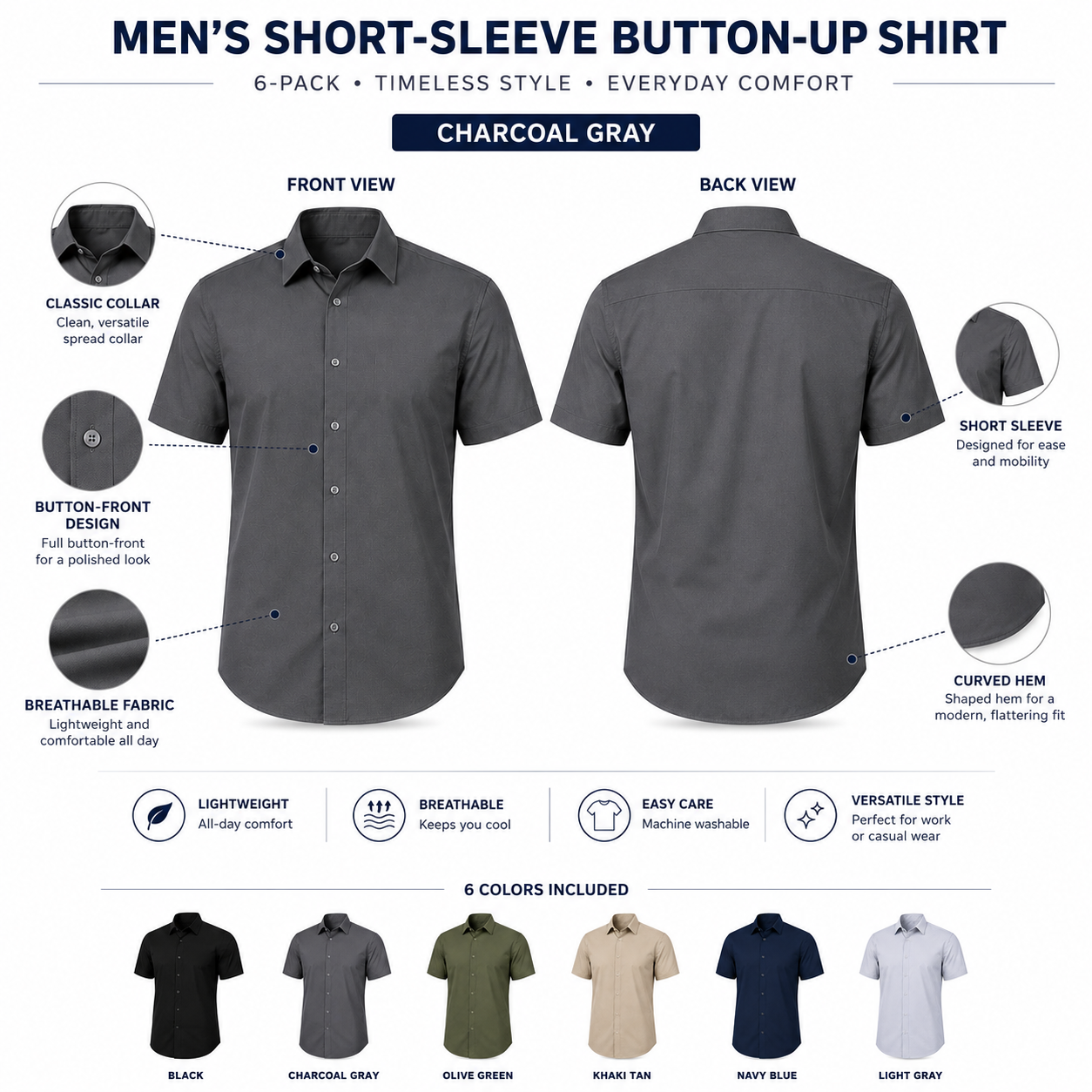 Pack & Save Men's Solid Short Sleeve Button-Up Shirt, Lightweight Collared Casual Business Shirt