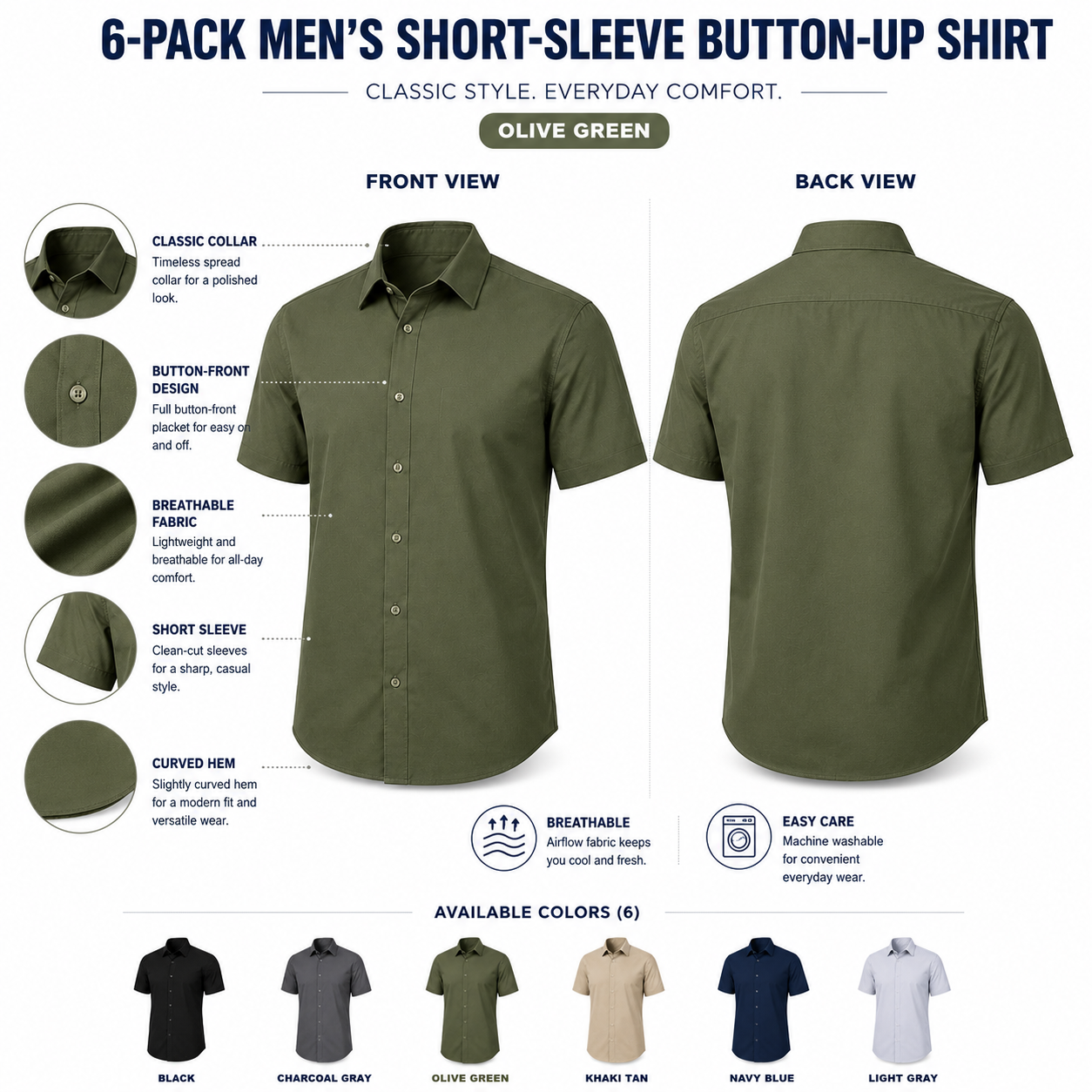 Pack & Save Men's Solid Short Sleeve Button-Up Shirt, Lightweight Collared Casual Business Shirt