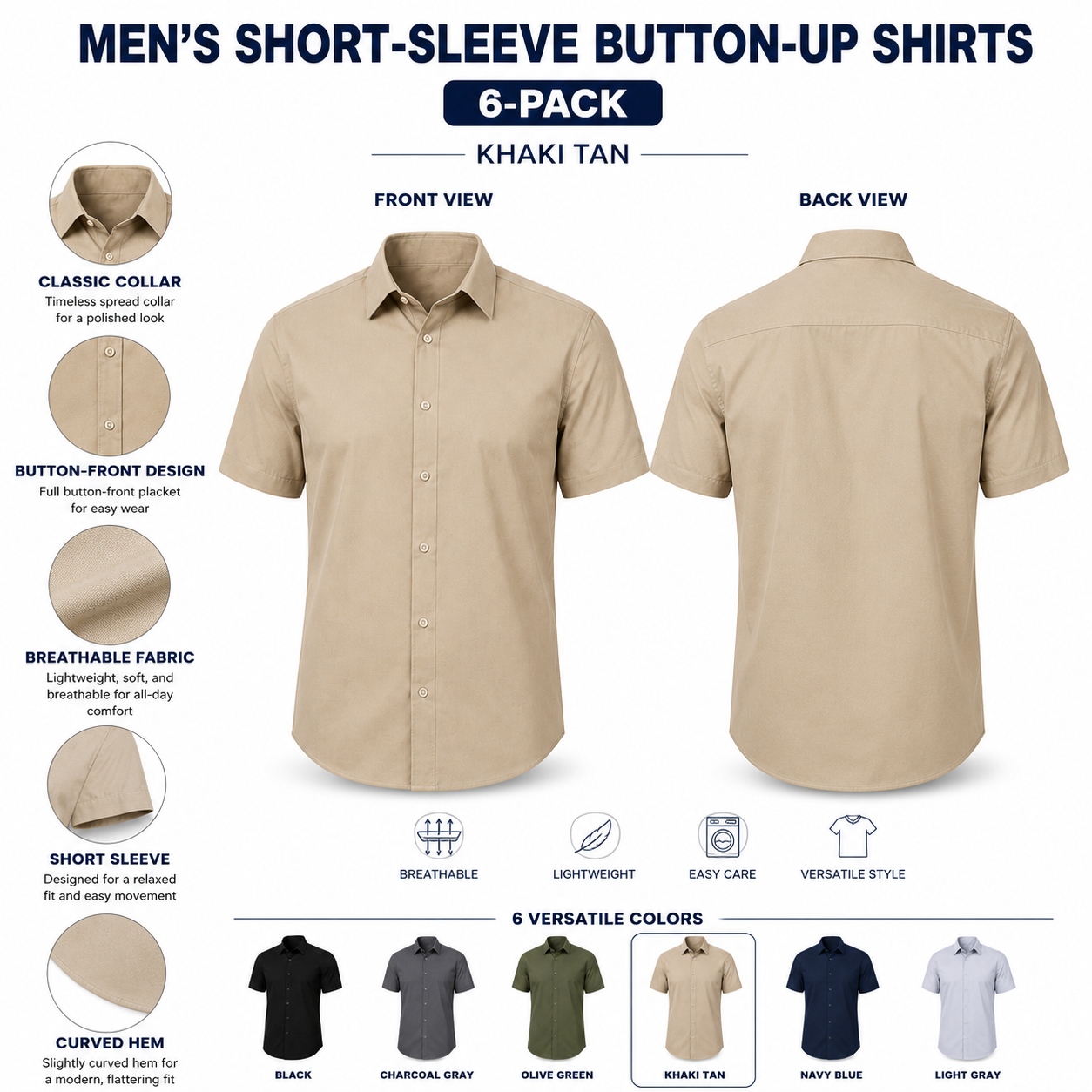 Pack & Save Men's Solid Short Sleeve Button-Up Shirt, Lightweight Collared Casual Business Shirt