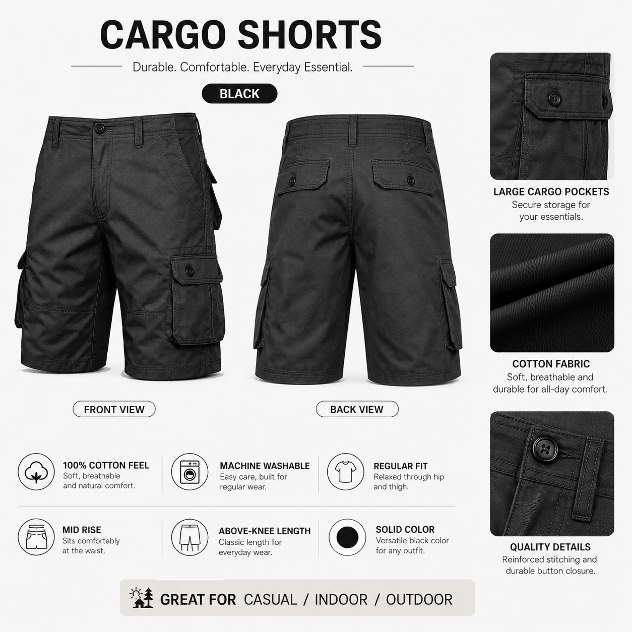 Pack & Save Men's Button Flap Cargo Shorts, Multi-Pocket Belt Loop Utility Shorts