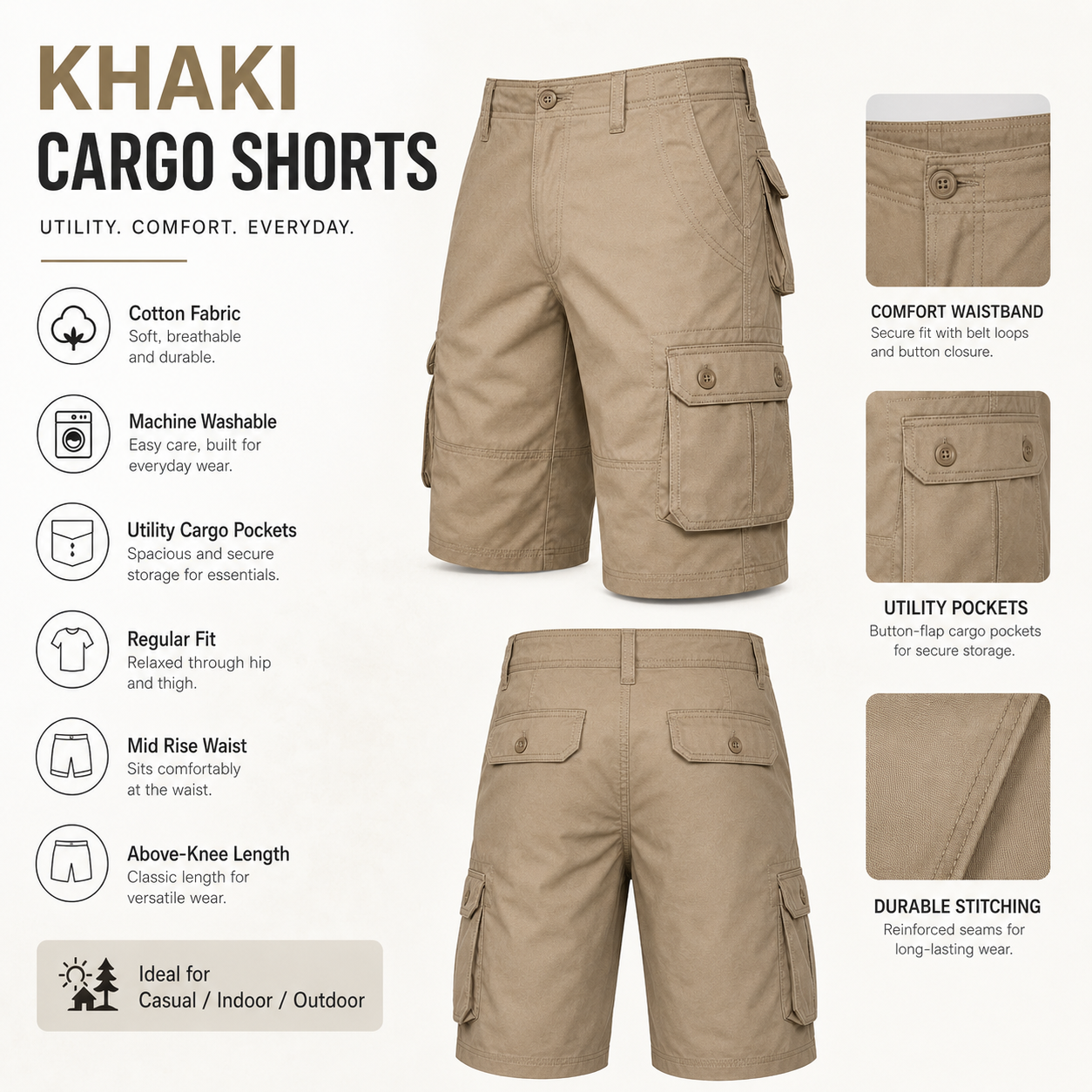 Pack & Save Men's Button Flap Cargo Shorts, Multi-Pocket Belt Loop Utility Shorts
