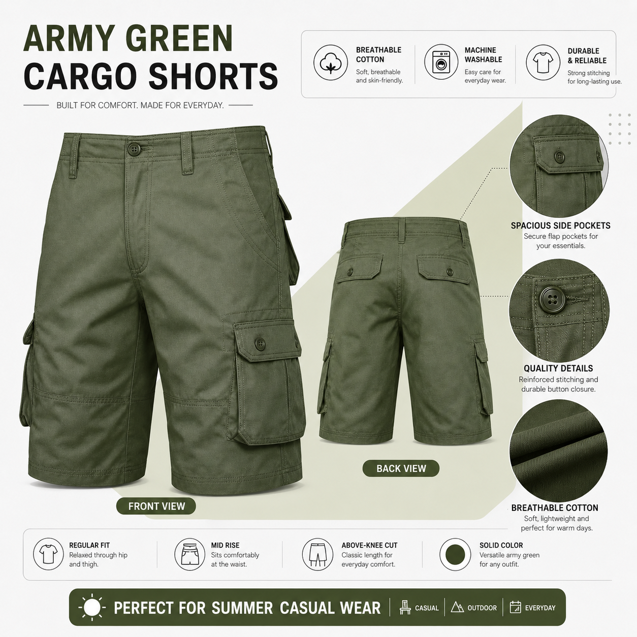 Pack & Save Men's Button Flap Cargo Shorts, Multi-Pocket Belt Loop Utility Shorts