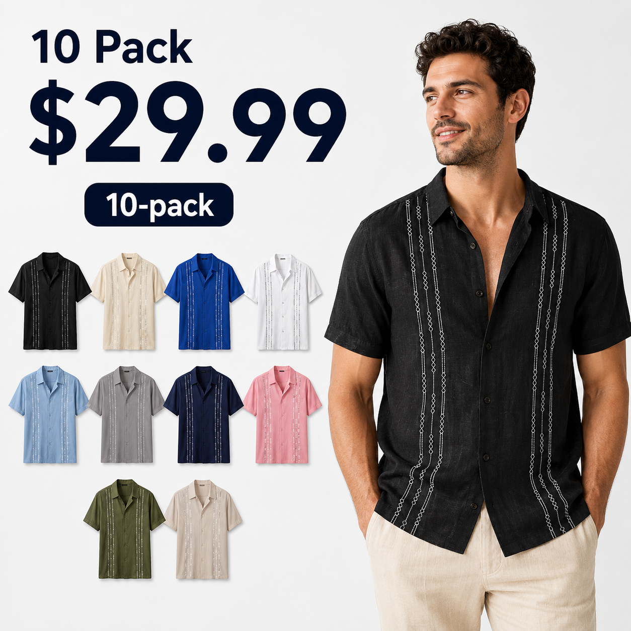 Mens Short Sleeve Guayabera Shirts Linen Cotton Button Down Mexican Embroidered Cuban Wedding Shirt Summer Beach Tops