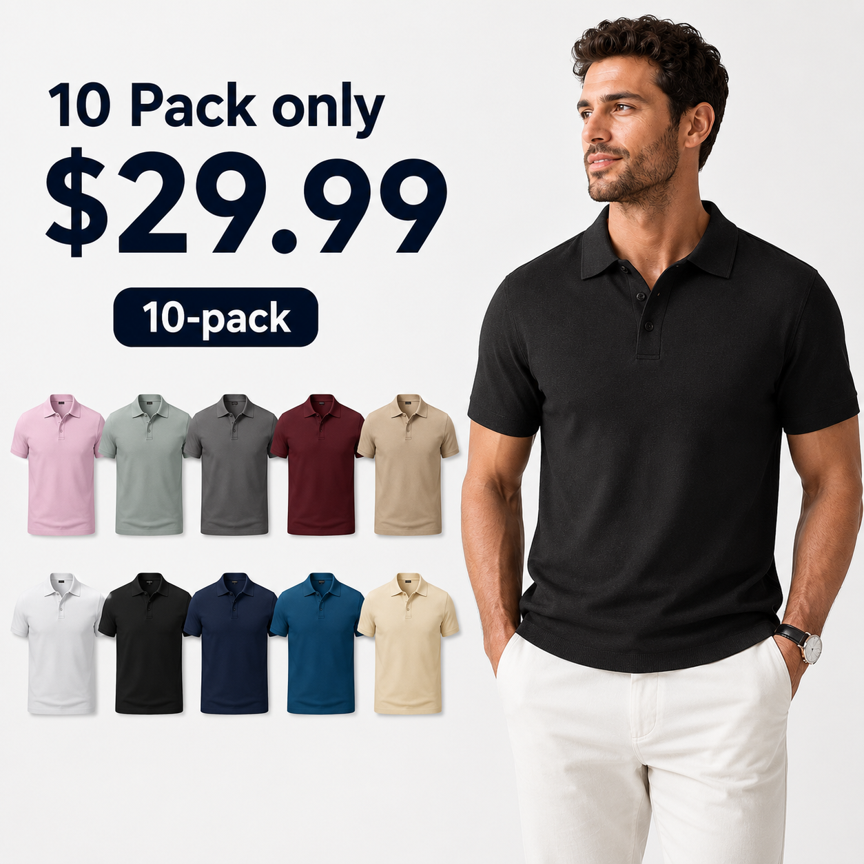 Men's V-Neck Short Sleeve Stretch Knit Polo Shirt