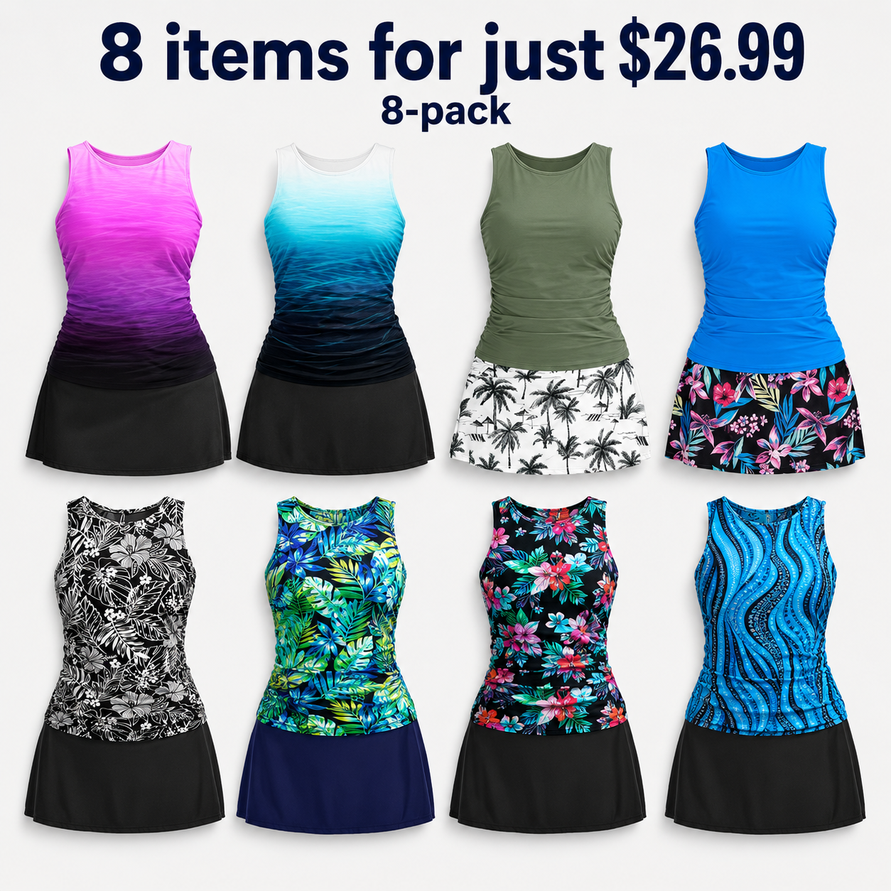 Womens Tankini Swimsuits with Skirt - Two Piece Tummy Control Bathing Suits High Neck Swimwear