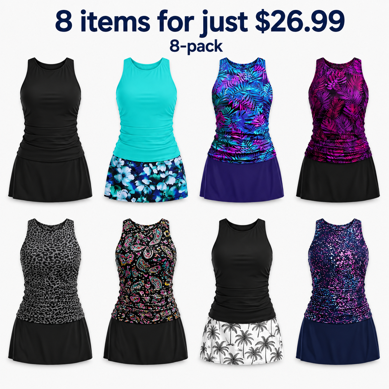 Womens Tankini Swimsuits with Skirt - Two Piece Tummy Control Bathing Suits High Neck Swimwear