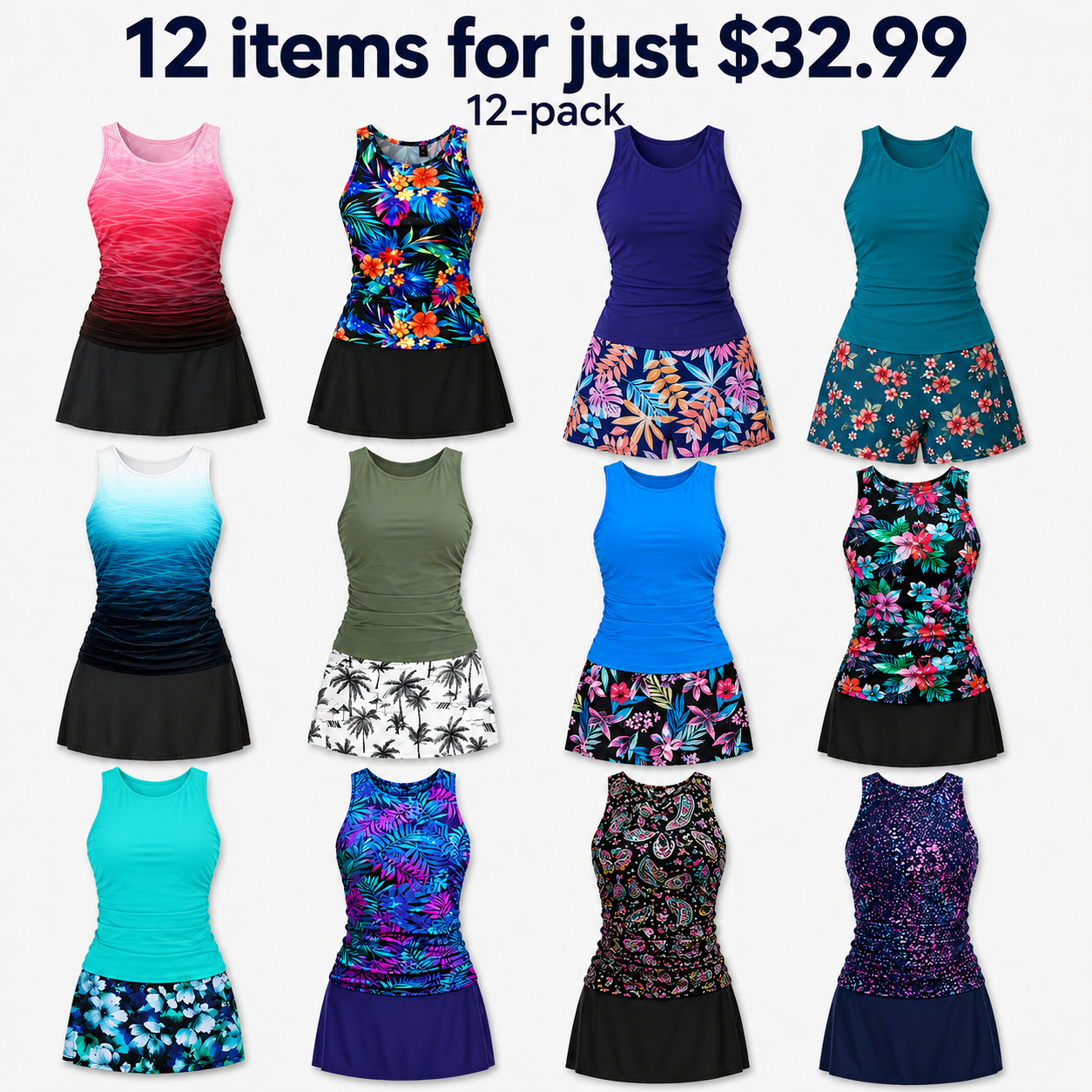 Womens Tankini Swimsuits with Skirt - Two Piece Tummy Control Bathing Suits High Neck Swimwear