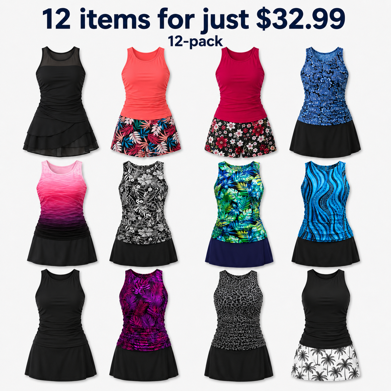 Womens Tankini Swimsuits with Skirt - Two Piece Tummy Control Bathing Suits High Neck Swimwear