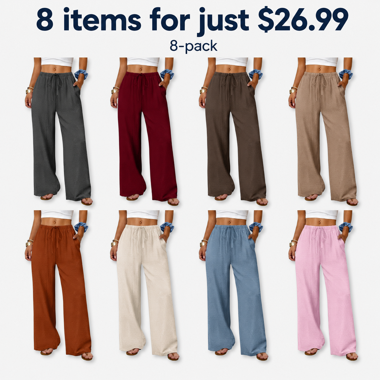Wide Leg Pants for Women Flowy Palazzo Drawstring Elastic Waist Trousers with Pockets Summer Beach Vacation Clothes