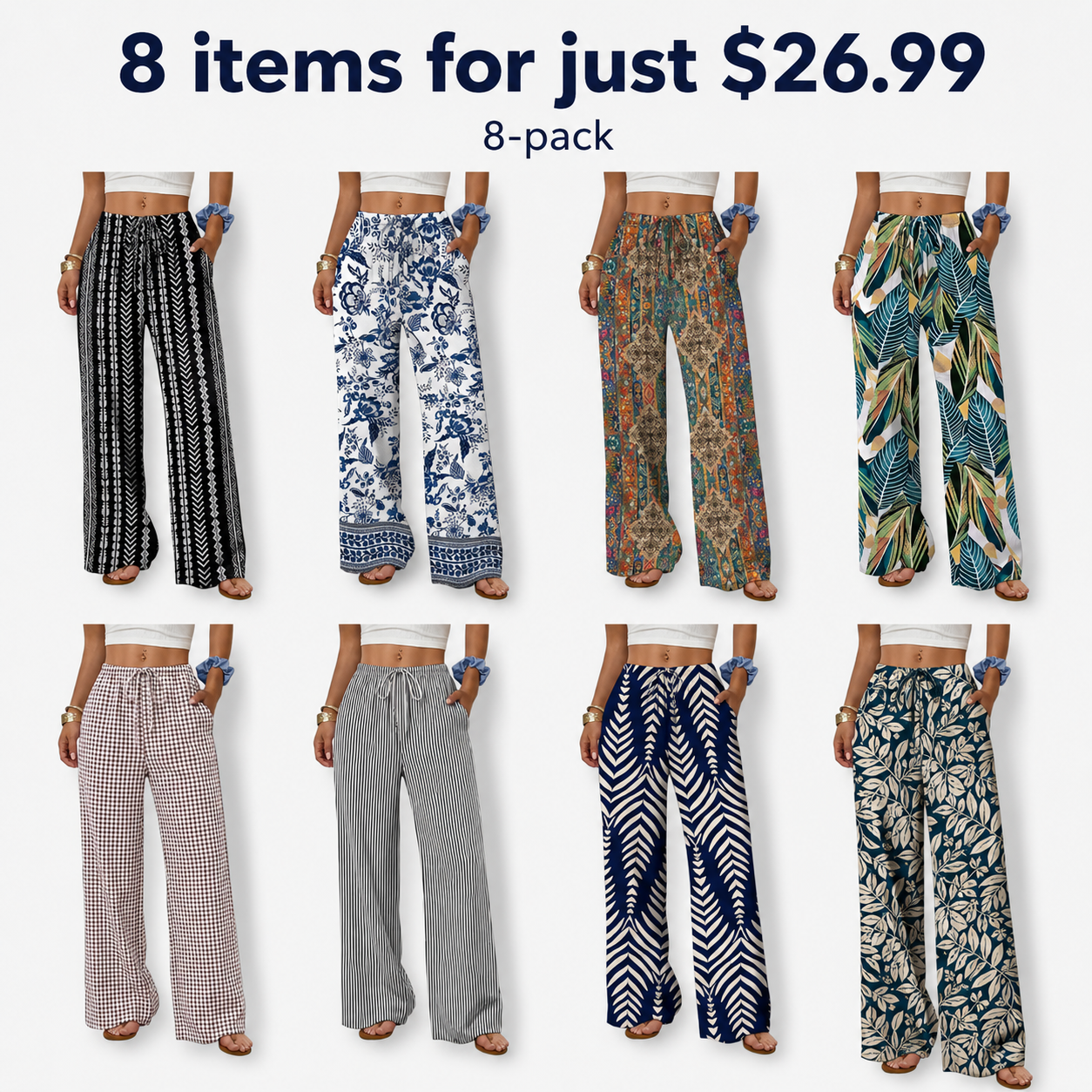 Wide Leg Pants for Women Flowy Palazzo Drawstring Elastic Waist Trousers with Pockets Summer Beach Vacation Clothes